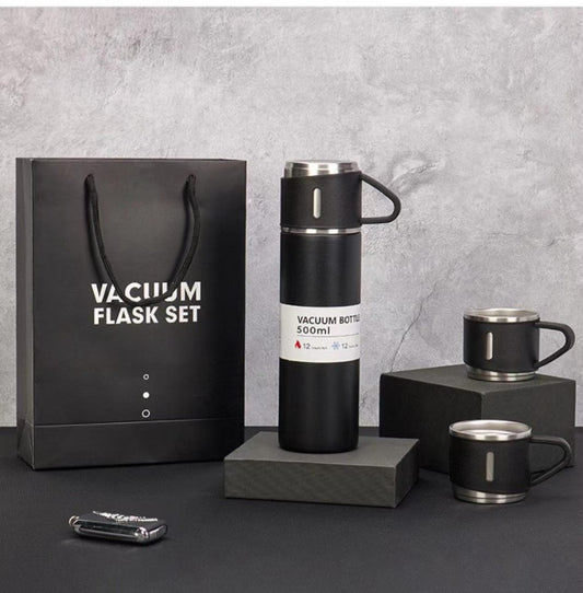 🎁 Box Vacuum Flask Set | 500ml with 3 Cups ☕ | Hot & Cold Insulated Double Layer Thermos | Travel-Friendly 🚗 | Ideal for Gifting ✨