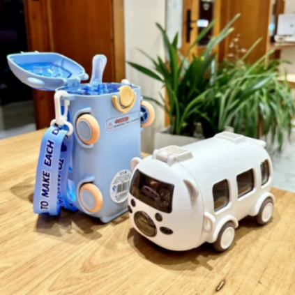🚌 Silicone Bus Shape Water Bottle for Kids 🚌 | With Strap & Moving Wheels ✨ | Leak-Proof Cartoon Bottle (Yellow, 500ml) 💛