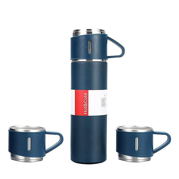 🎁 Box Vacuum Flask Set | 500ml with 3 Cups ☕ | Hot & Cold Insulated Double Layer Thermos | Travel-Friendly 🚗 | Ideal for Gifting ✨