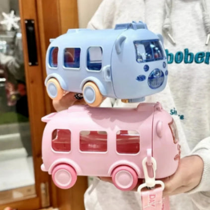 🚌 Silicone Bus Shape Water Bottle for Kids 🚌 | With Strap & Moving Wheels ✨ | Leak-Proof Cartoon Bottle (Yellow, 500ml) 💛