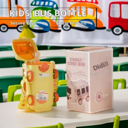 🚌 Silicone Bus Shape Water Bottle for Kids 🚌 | With Strap & Moving Wheels ✨ | Leak-Proof Cartoon Bottle (Yellow, 500ml) 💛