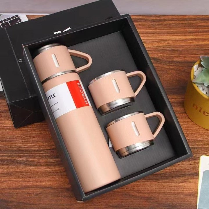 🎁 Box Vacuum Flask Set | 500ml with 3 Cups ☕ | Hot & Cold Insulated Double Layer Thermos | Travel-Friendly 🚗 | Ideal for Gifting ✨
